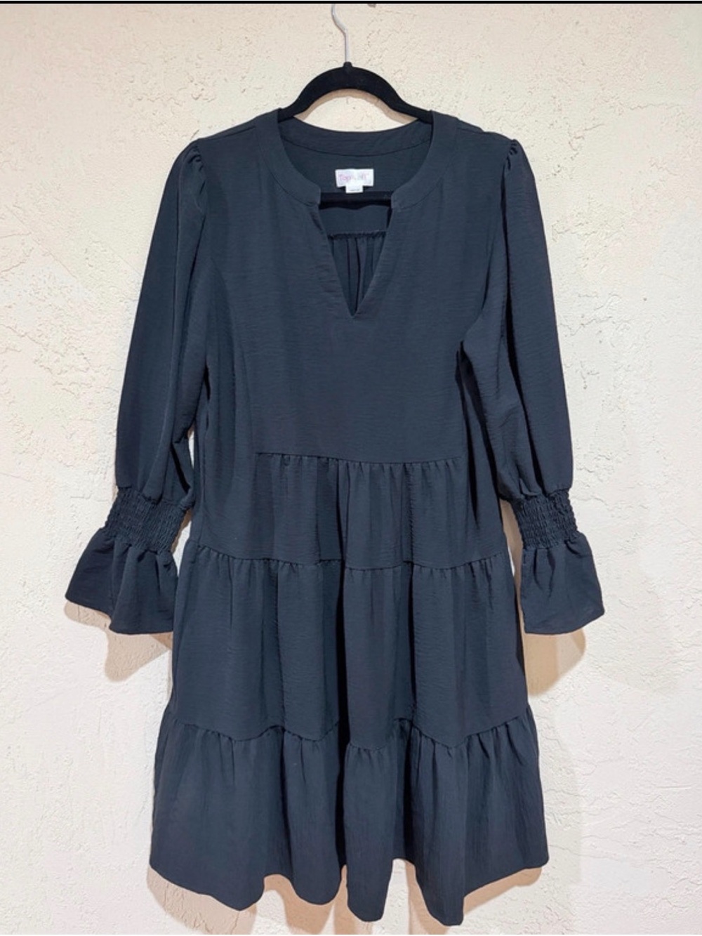 Black Tiered Long-Sleeve Babydoll Dress with Smocked Cuffs